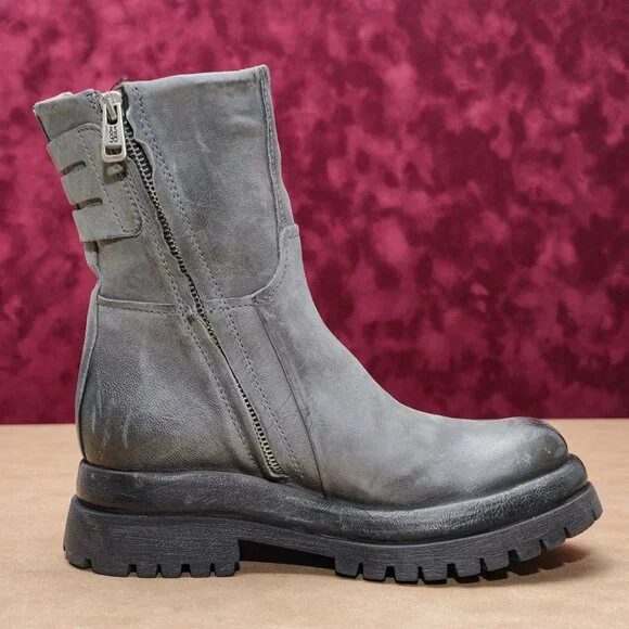 AS98 Women Darr Grey Leather Strap Zip Platform Combat Boots sz 6-6.5US EUR37